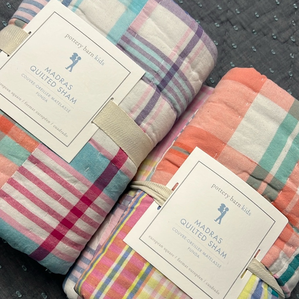 Pottery Barn Kids Madras Quilted Pillow Sham Square 26 x 26 Plaid Pastel Pinks